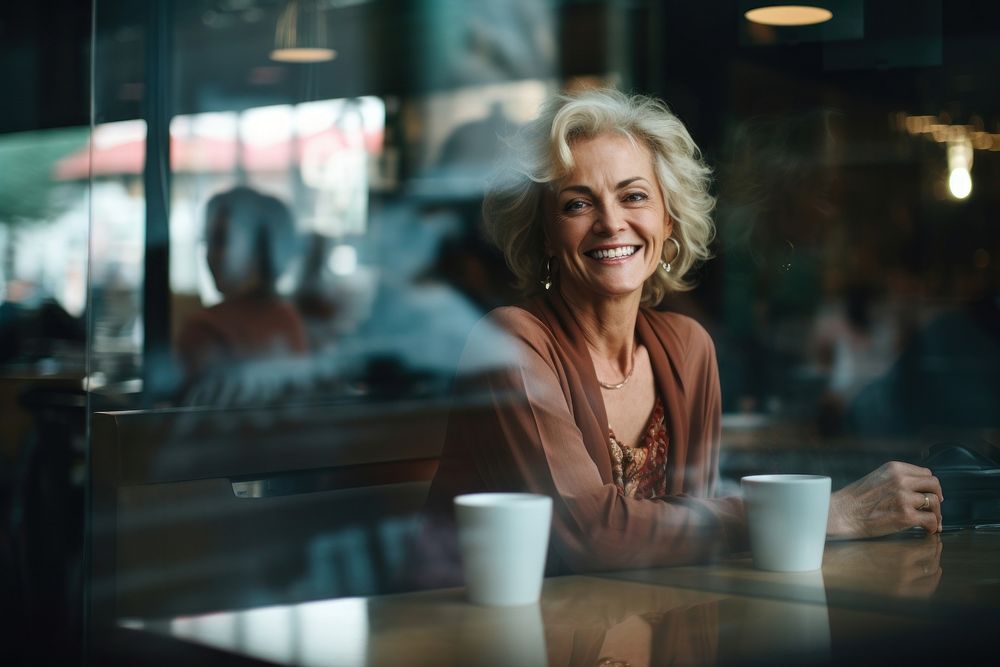 Happy mature woman with coffee cup sitting glass smile. AI generated Image by rawpixel.