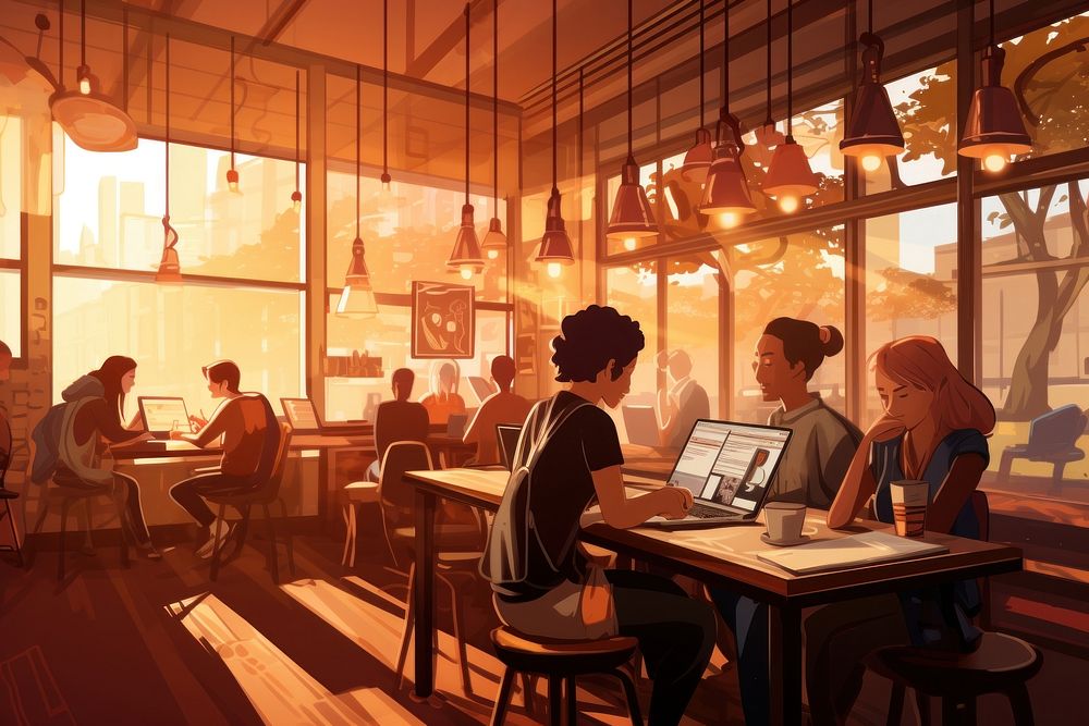 Interior Of Coffee Shop With Customers restaurant computer laptop. 