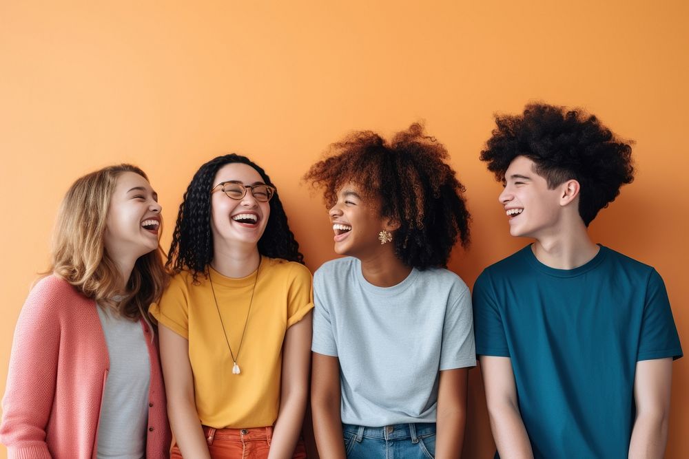 4 teens team laughing smiling adult. AI generated Image by rawpixel.