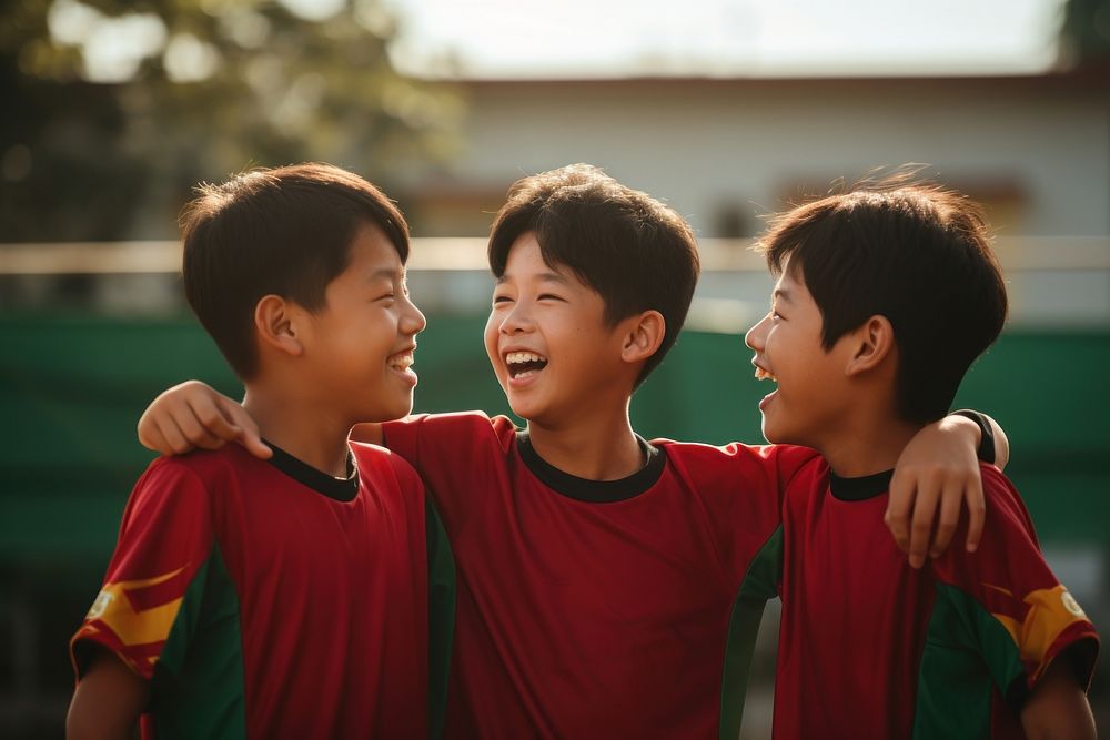3 boys sport team talking at each other laughing sports child. AI generated Image by rawpixel.