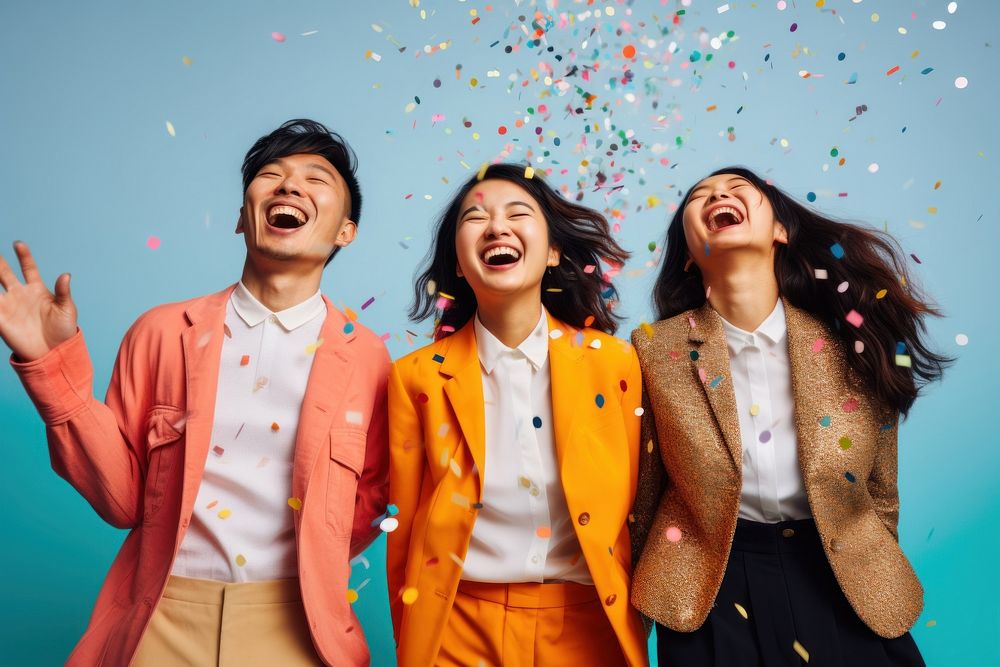 3 east asian people celebration celebrating laughing. AI generated Image by rawpixel.