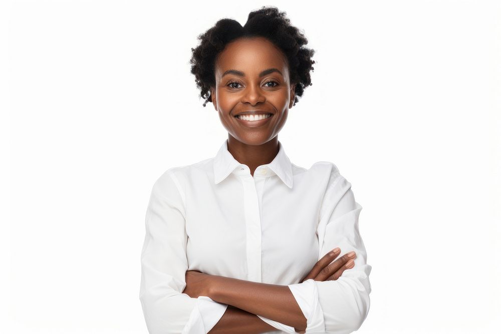A smiling woman african stands with her arms crossed portrait adult smile. AI generated Image by rawpixel.