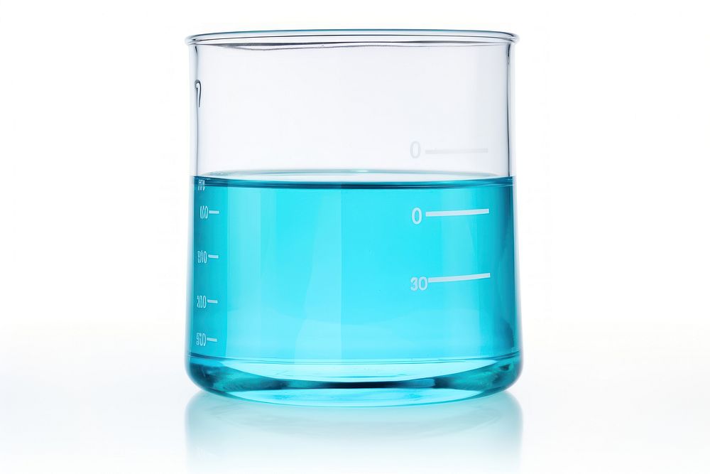 Beaker glass in water blue bottle white background biotechnology. AI generated Image by rawpixel.