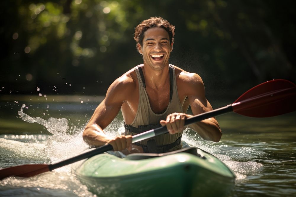 Happy Latino man kayaking recreation vehicle. AI generated Image by rawpixel.