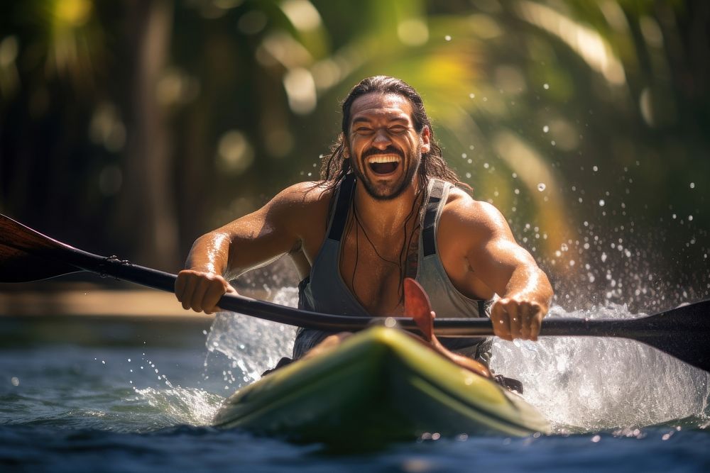 Happy Latino man kayak recreation sports. AI generated Image by rawpixel.