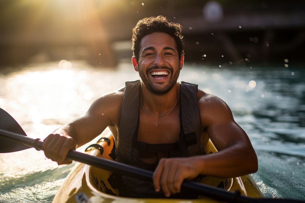 Happy Latino man kayak laughing portrait. AI generated Image by rawpixel.