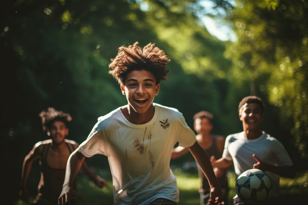 Hispanic group of teenagers laughing football sports. AI generated Image by rawpixel.