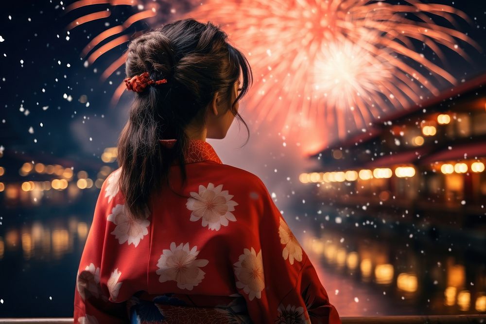 A Japanese woman in Kimono watching firework celebration fireworks kimono. AI generated Image by rawpixel.