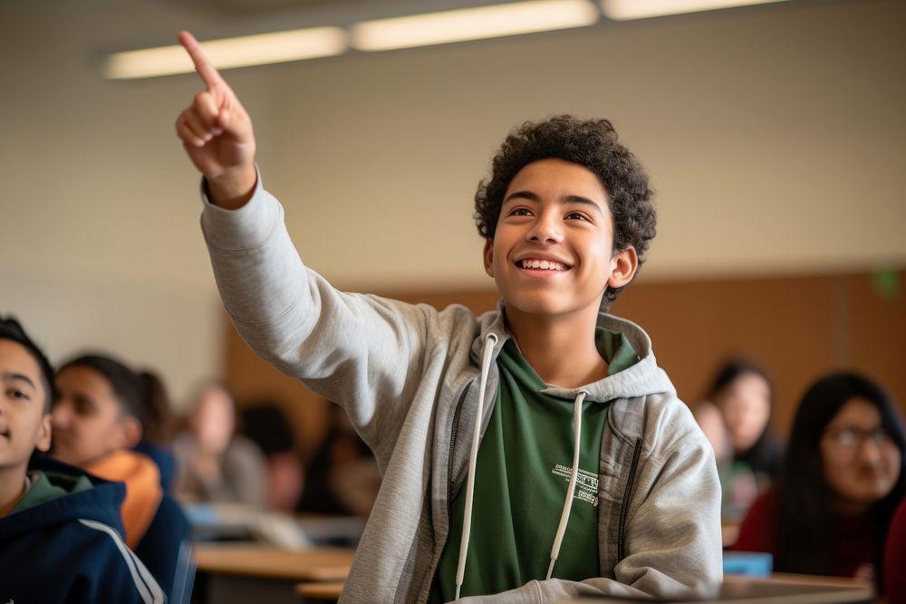 A Latinx boy high school student classroom adult togetherness. AI generated Image by rawpixel.
