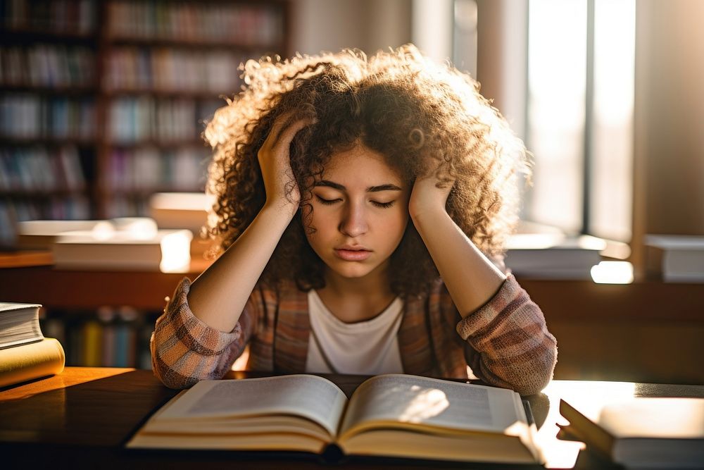 A Latinx girl high school student reading book publication. 