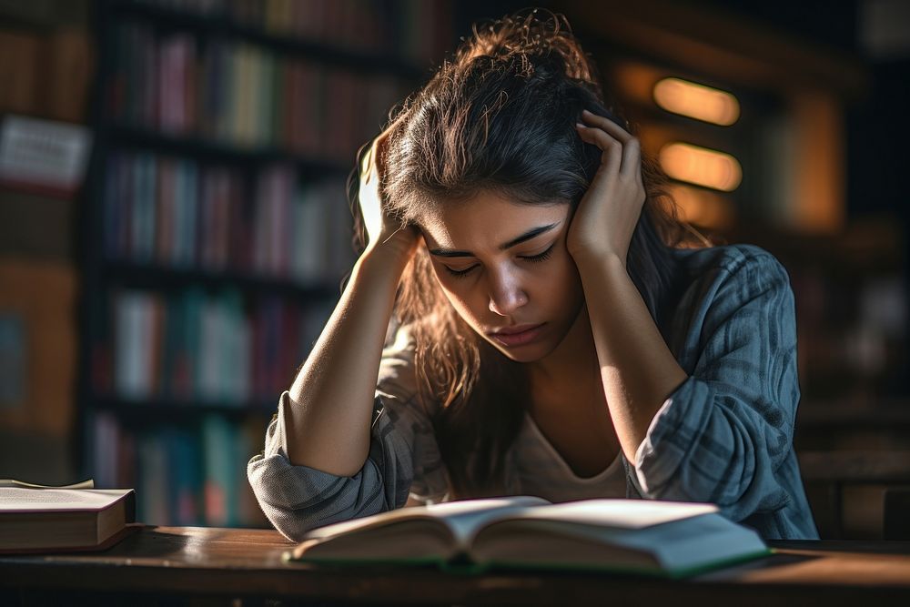 A Latinx girl high school student reading worried book. 