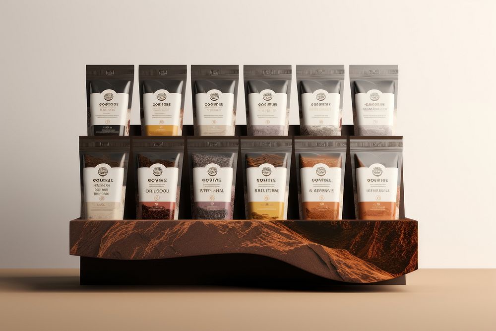 Espresso pouch coffee minimal mountain package shelf arrangement variation. AI generated Image by rawpixel.