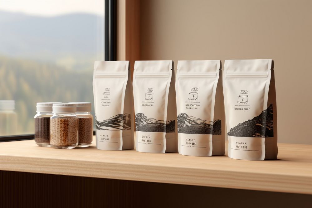 Espresso pouch coffee minimal mountain package windowsill container furniture. AI generated Image by rawpixel.