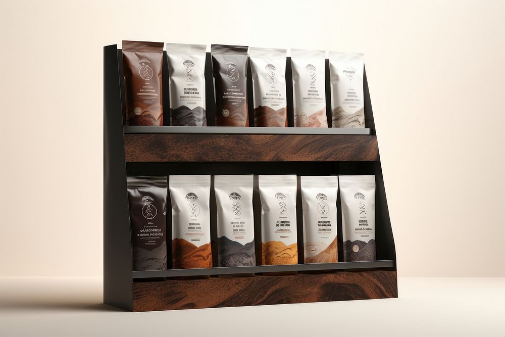 Espresso pouch coffee minimal mountain package cabinet shelf arrangement. AI generated Image by rawpixel.