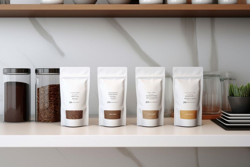 Espresso pouch coffee minimal mountain package shelf cup container. AI generated Image by rawpixel.