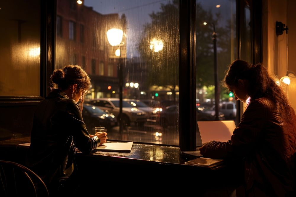 Working notebook women sitting in cafe seen through glass evening adult transportation. AI generated Image by rawpixel.