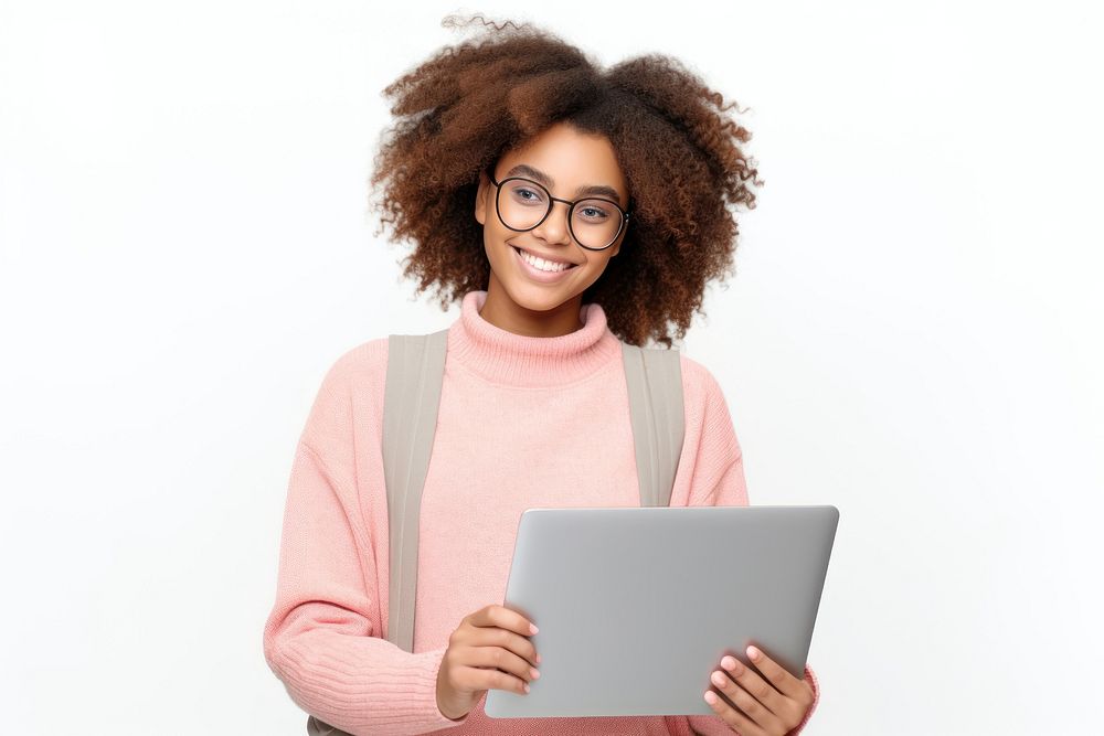 Portrait of smiling african american teen girl glasses laptop computer. AI generated Image by rawpixel.