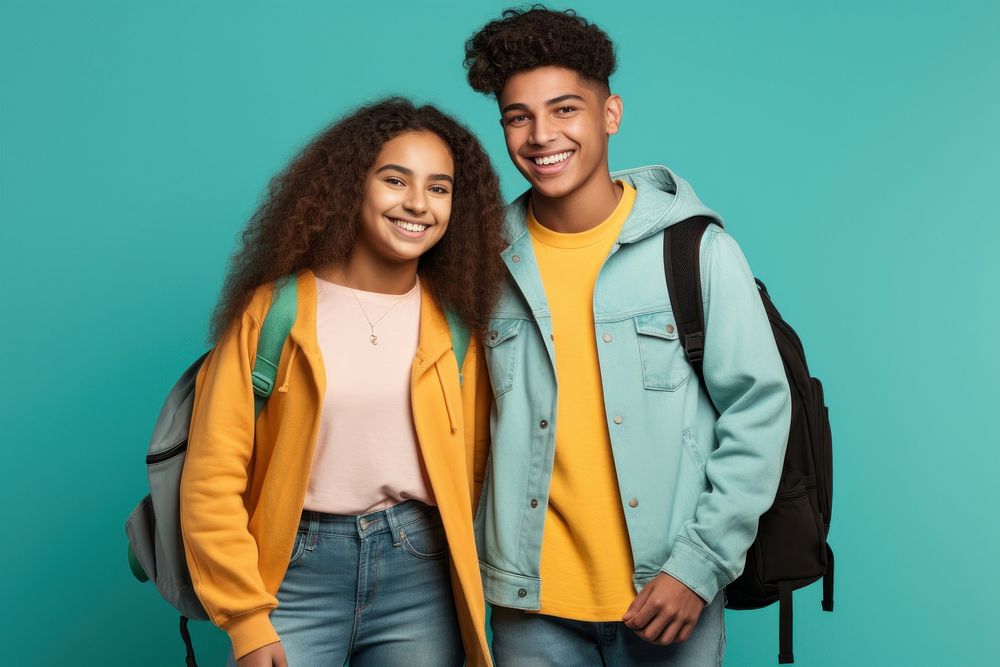 Latinx high school students backpack jacket happy. AI generated Image by rawpixel.