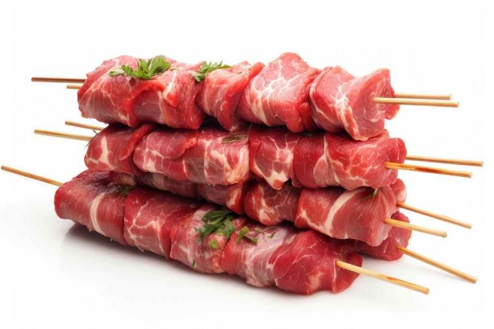 Photo of meat and skewer pork food white background. AI generated Image by rawpixel.