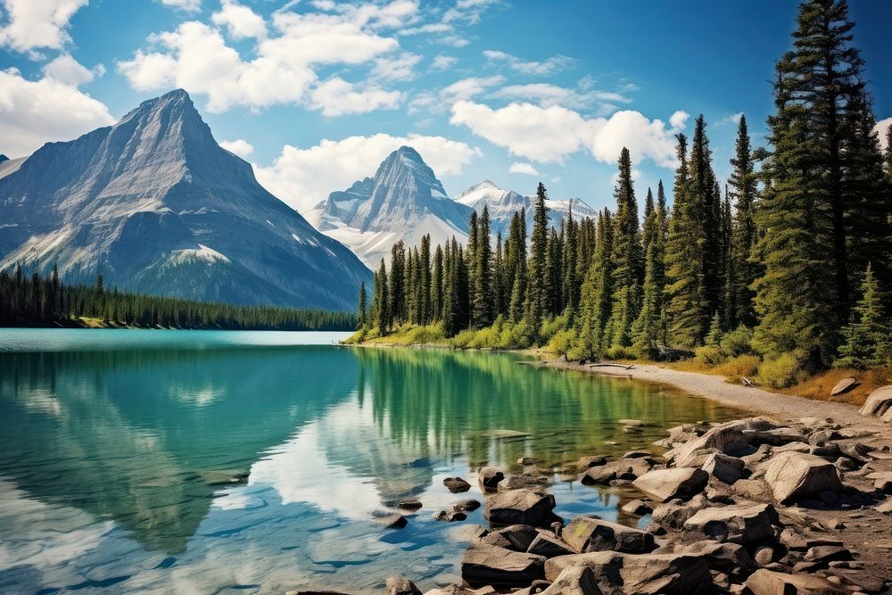 Scenery of lake and mountain landscape wilderness panoramic. AI generated Image by rawpixel.