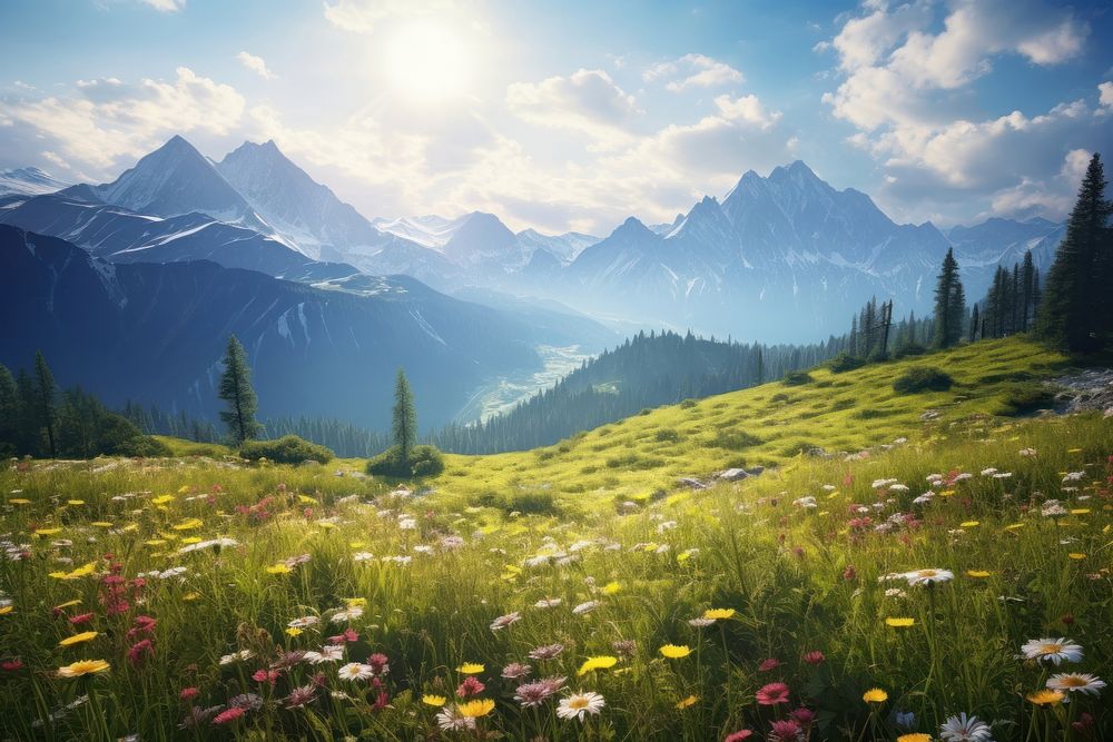 Scenery mountain meadow landscape wilderness grassland. AI generated Image by rawpixel.