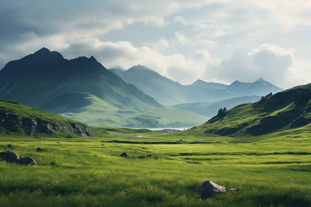 Scenery a green grassy field landscape mountain grassland. AI generated Image by rawpixel.