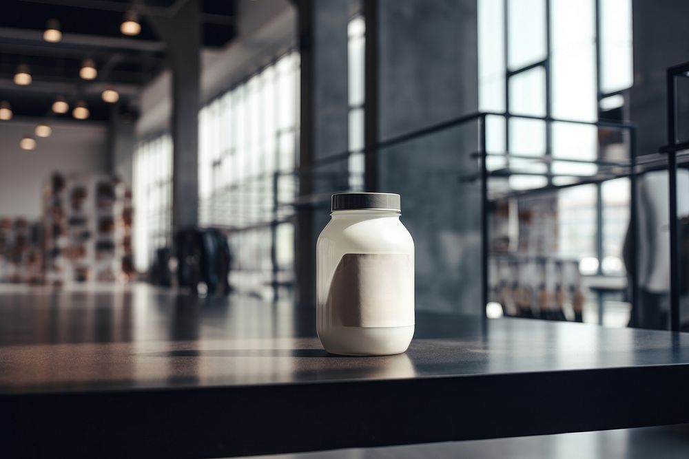 Whey protein jar container lighting. AI generated Image by rawpixel.