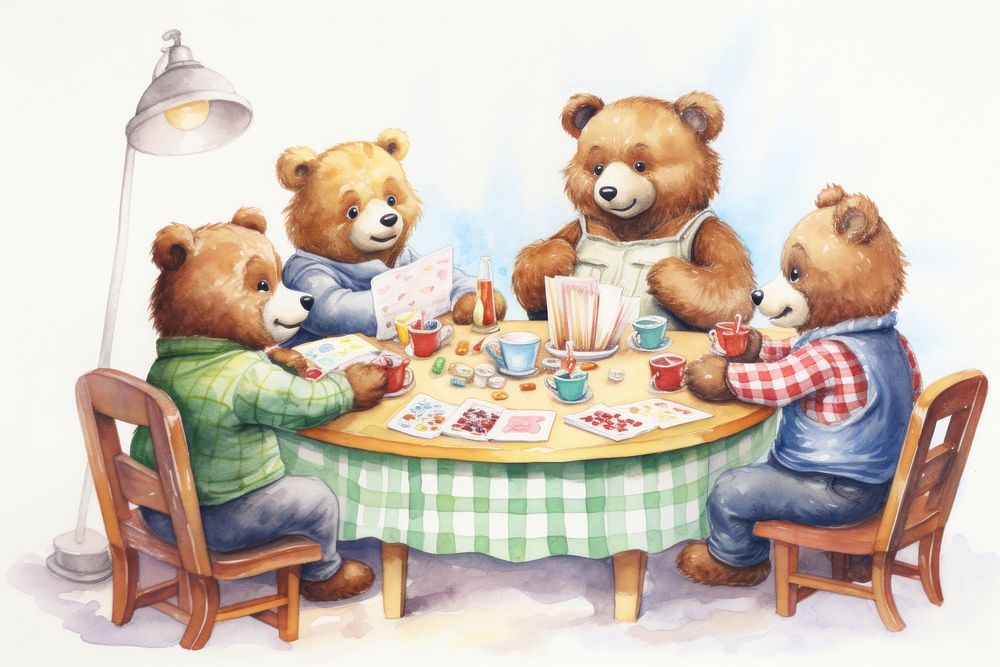 Bear family table chair food. AI generated Image by rawpixel.