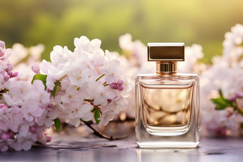 Luxurious perfume bottle against a backdrop of blooming flowers cosmetics blossom plant. AI generated Image by rawpixel.