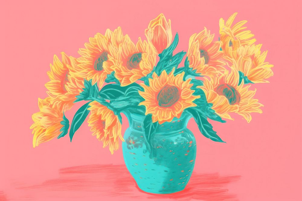 Sunflower vase art painting drawing. AI generated Image by rawpixel.
