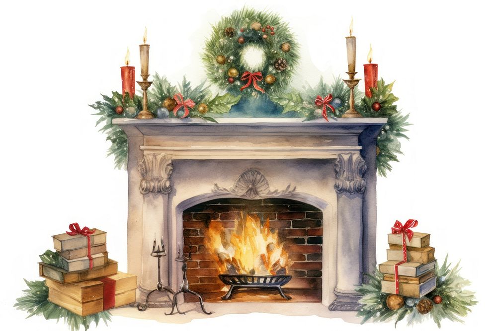 Christmas fireplace hearth white background illuminated. AI generated Image by rawpixel.