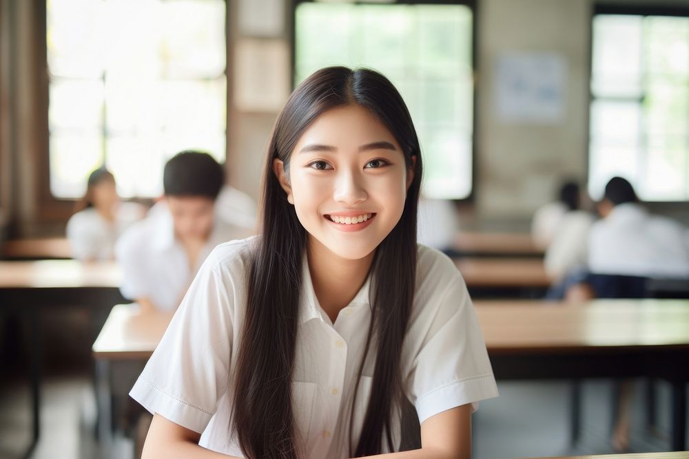 Southeast Asian student classroom smile happy. AI generated Image by rawpixel.