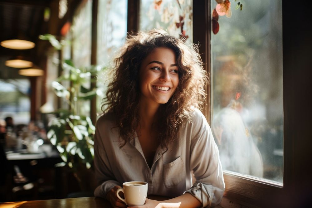 Coffee shop sitting smile happy. AI generated Image by rawpixel.