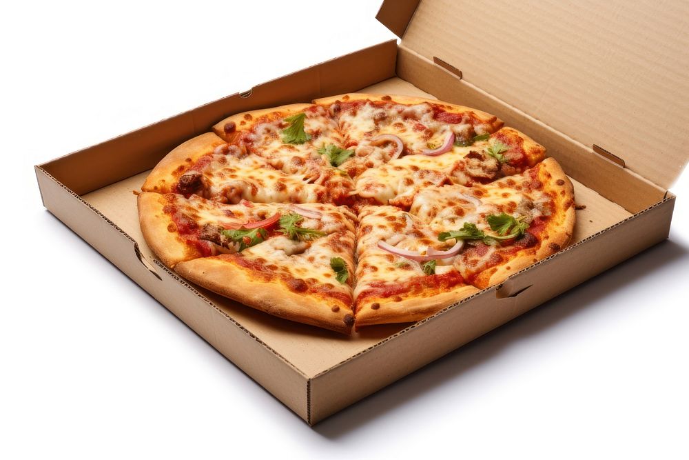 Open empty brown carton pizza box food dish white background. AI generated Image by rawpixel.