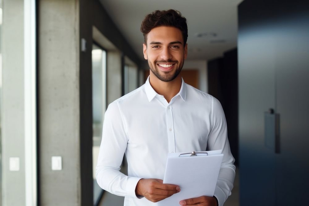 Salesman holding a file smiling adult shirt. AI generated Image by rawpixel.