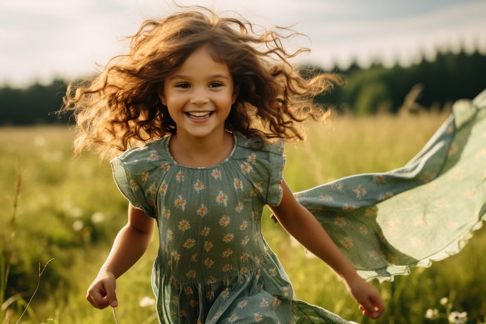 Happy child girl with a kite running summer nature meadow. AI generated Image by rawpixel.