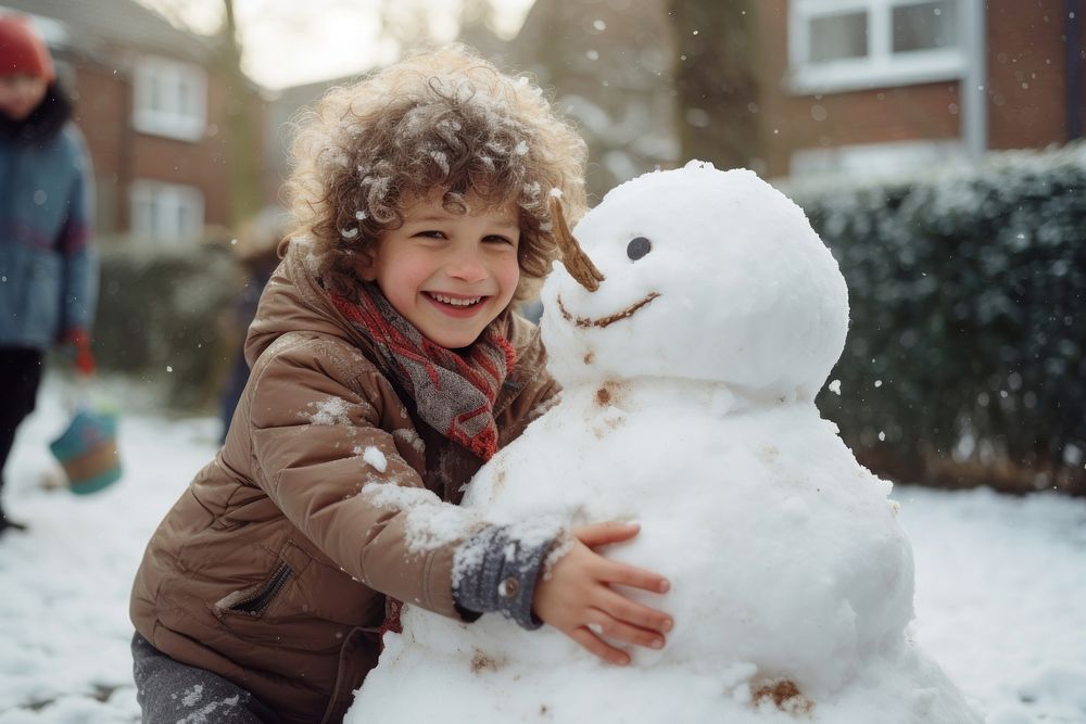 Children making a snowman portrait outdoors winter. AI generated Image by rawpixel.