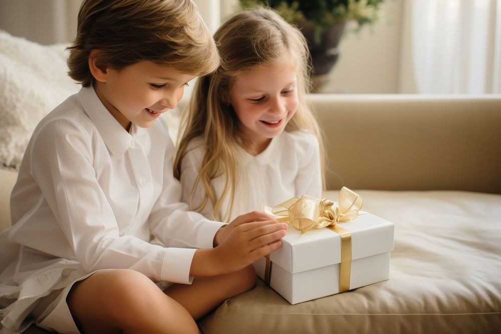 Children opening gift togetherness celebration anniversary. AI generated Image by rawpixel.