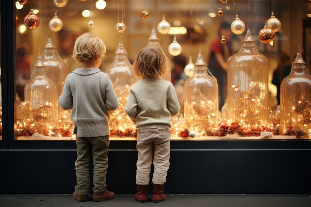 Children mesmerized window display togetherness architecture. AI generated Image by rawpixel.