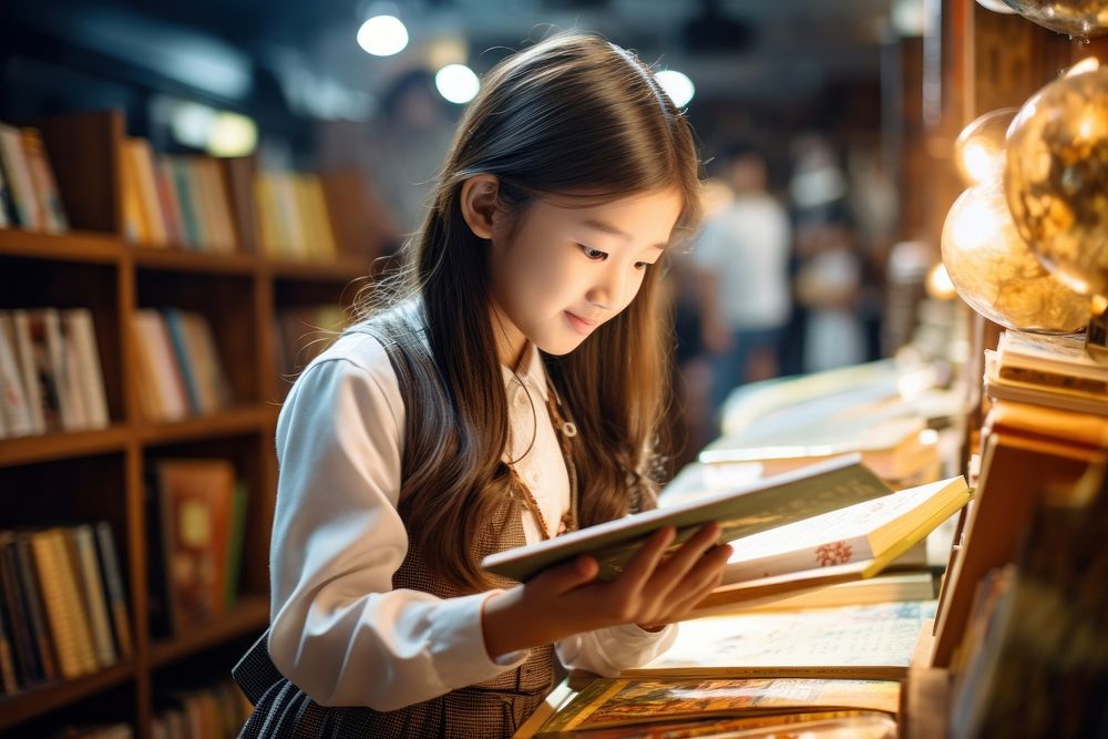 Asian children choosing book in school library reading store girl. AI generated Image by rawpixel.