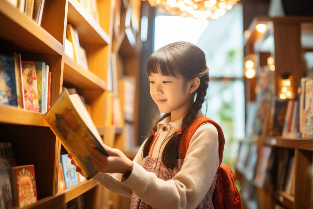 Asian children choosing book in school library publication literature bookstore. AI generated Image by rawpixel.