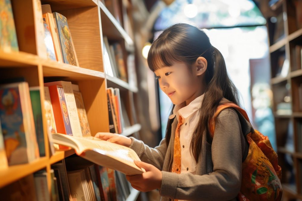 Asian children choosing book in school library reading publication literature. AI generated Image by rawpixel.
