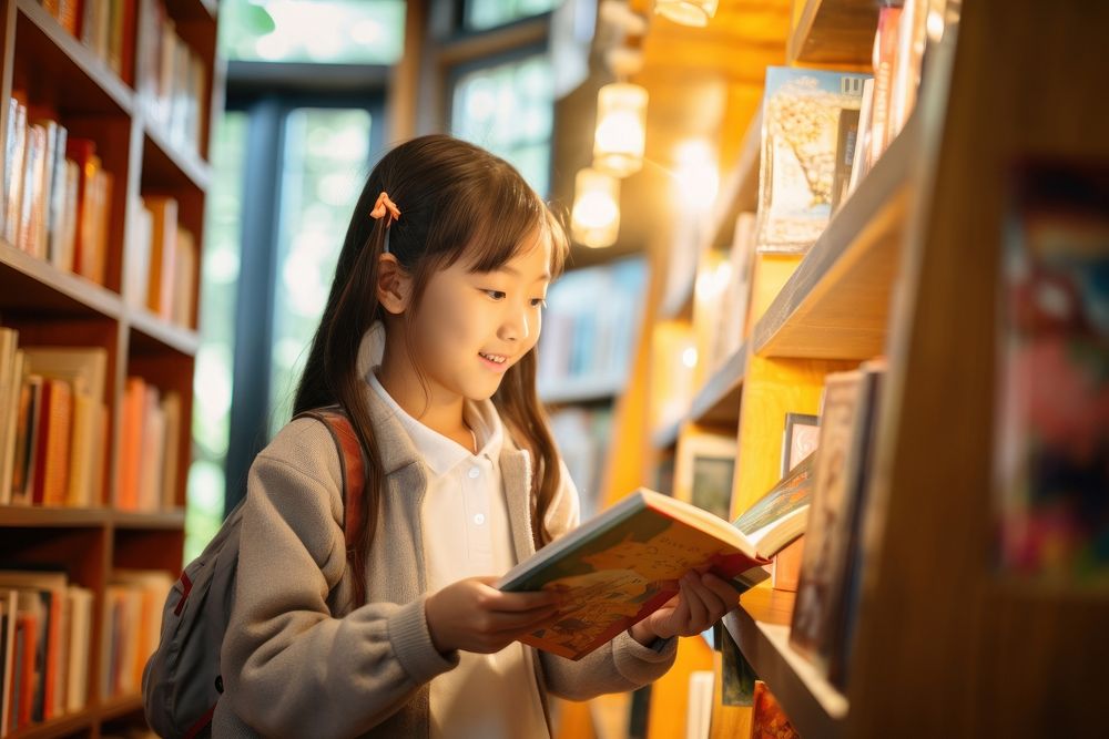 Asian children choosing book in school library reading publication literature. AI generated Image by rawpixel.