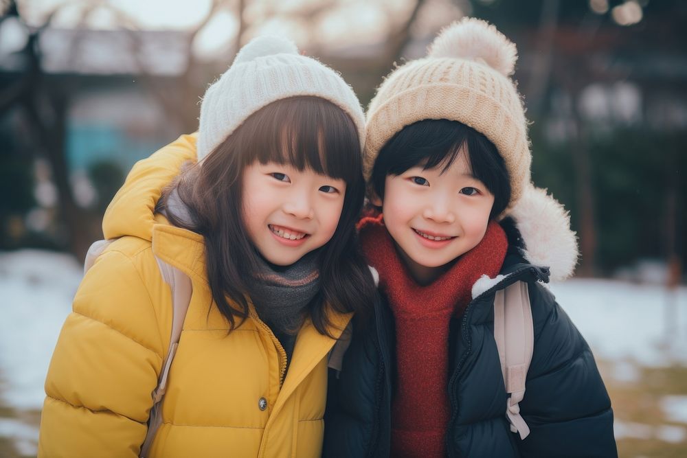 Asian children enjoying photography portrait winter. 