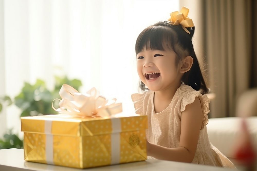 Asian children opening gift box celebration anniversary. AI generated Image by rawpixel.