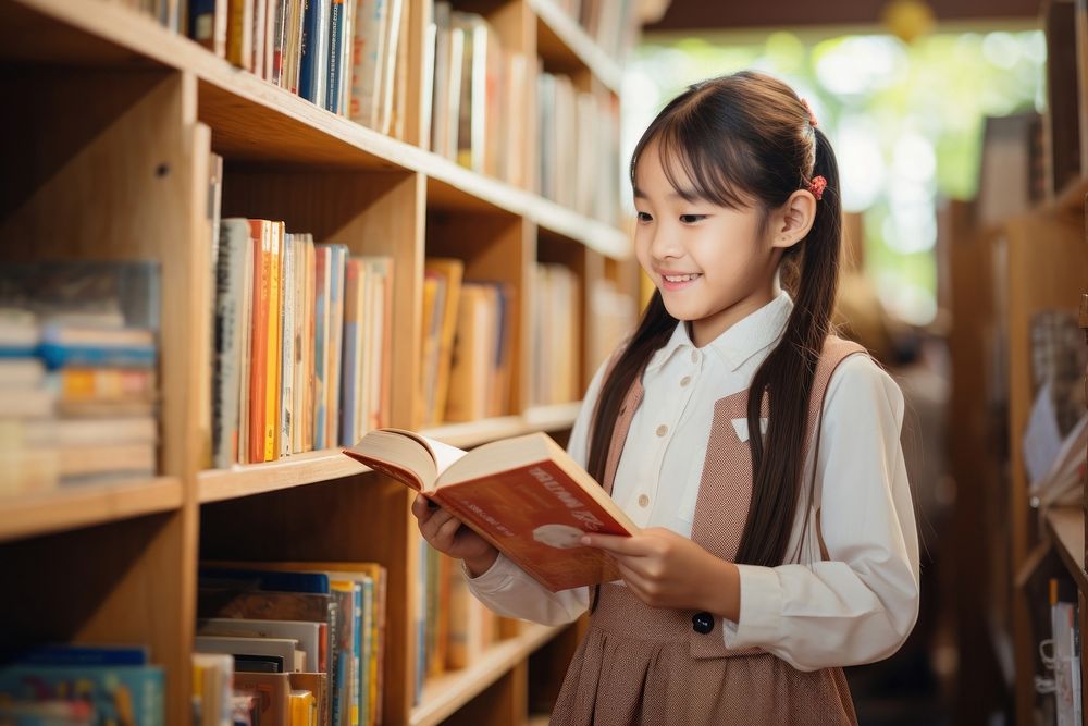 Thai children choosing book in school library literature bookstore reading. AI generated Image by rawpixel.