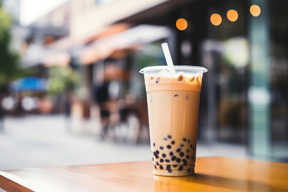 Bubble milk tea drink table cafe. AI generated Image by rawpixel.