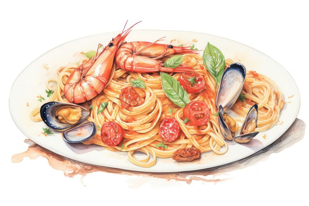 Seafood Spaghetti spaghetti seafood drawing. AI generated Image by rawpixel.