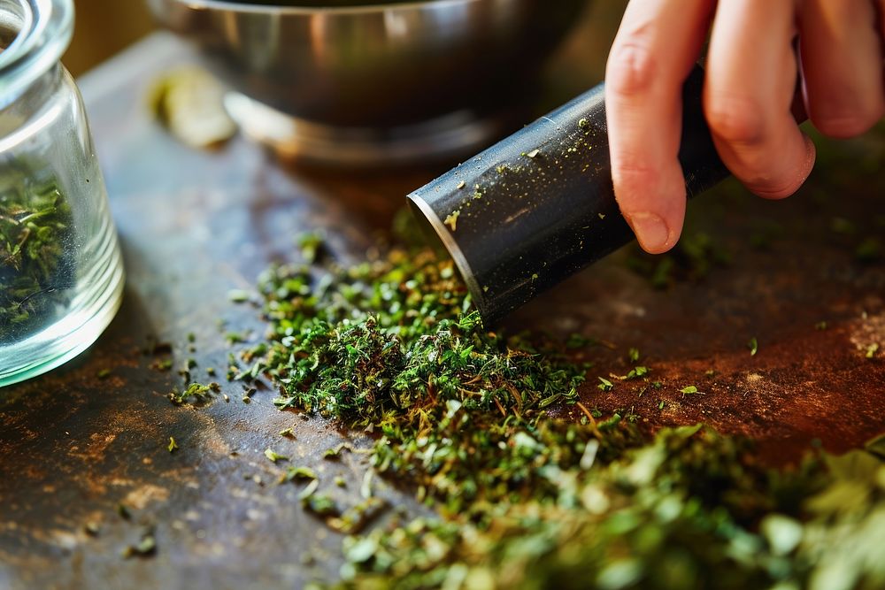 Hand use a roller to grind herbs plant food ingredient. AI generated Image by rawpixel.
