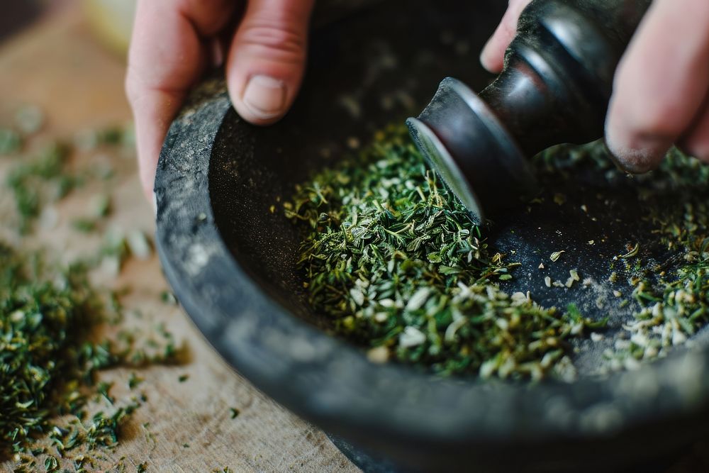 Hand use a roller to grind herbs food ingredient sprinkling. AI generated Image by rawpixel.